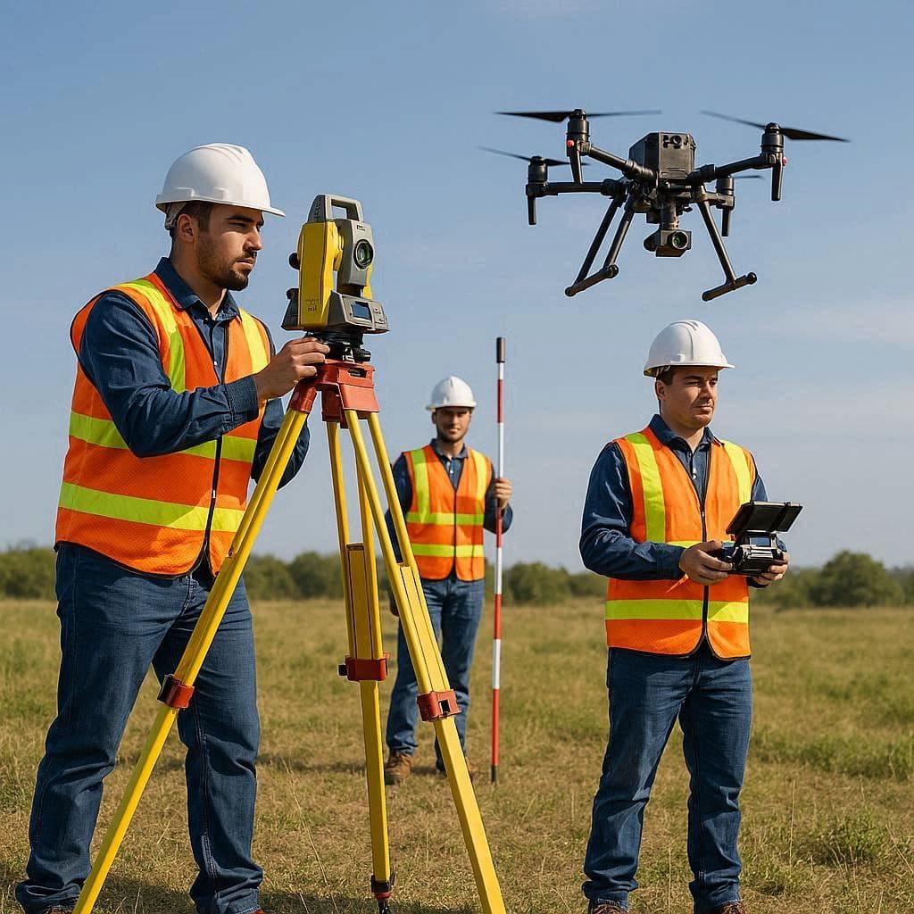Tim surveyor Geosinergi melakukan pengukuran topografi menggunakan drone UAV dan Total Station di lapangan